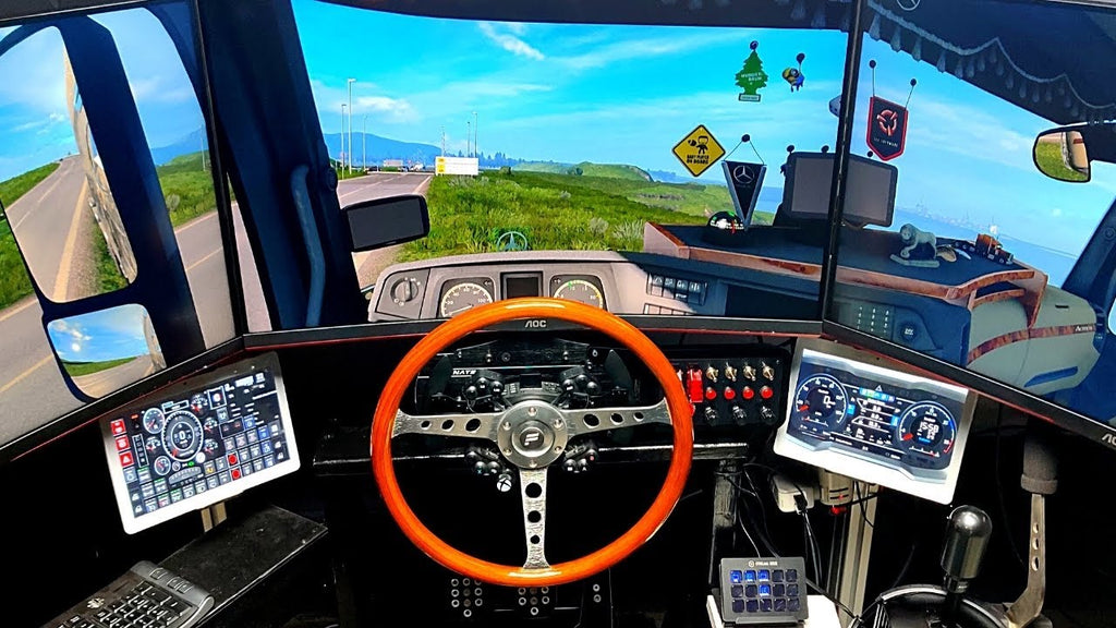 TorqueSim Big Rig truck simulator in-cab view with triple monitors